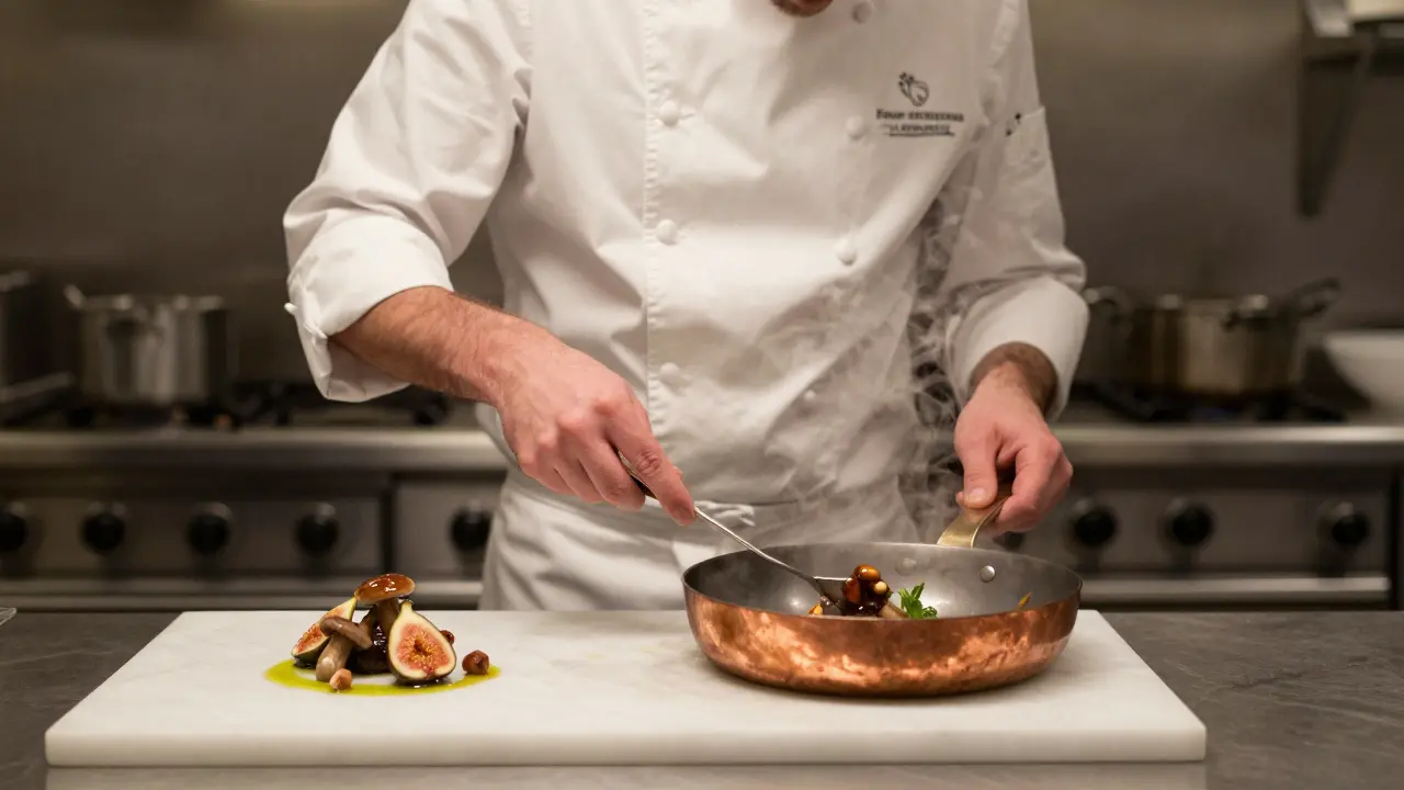 A chef preparing a seasonal dish at the chef’s counter with steam rising.