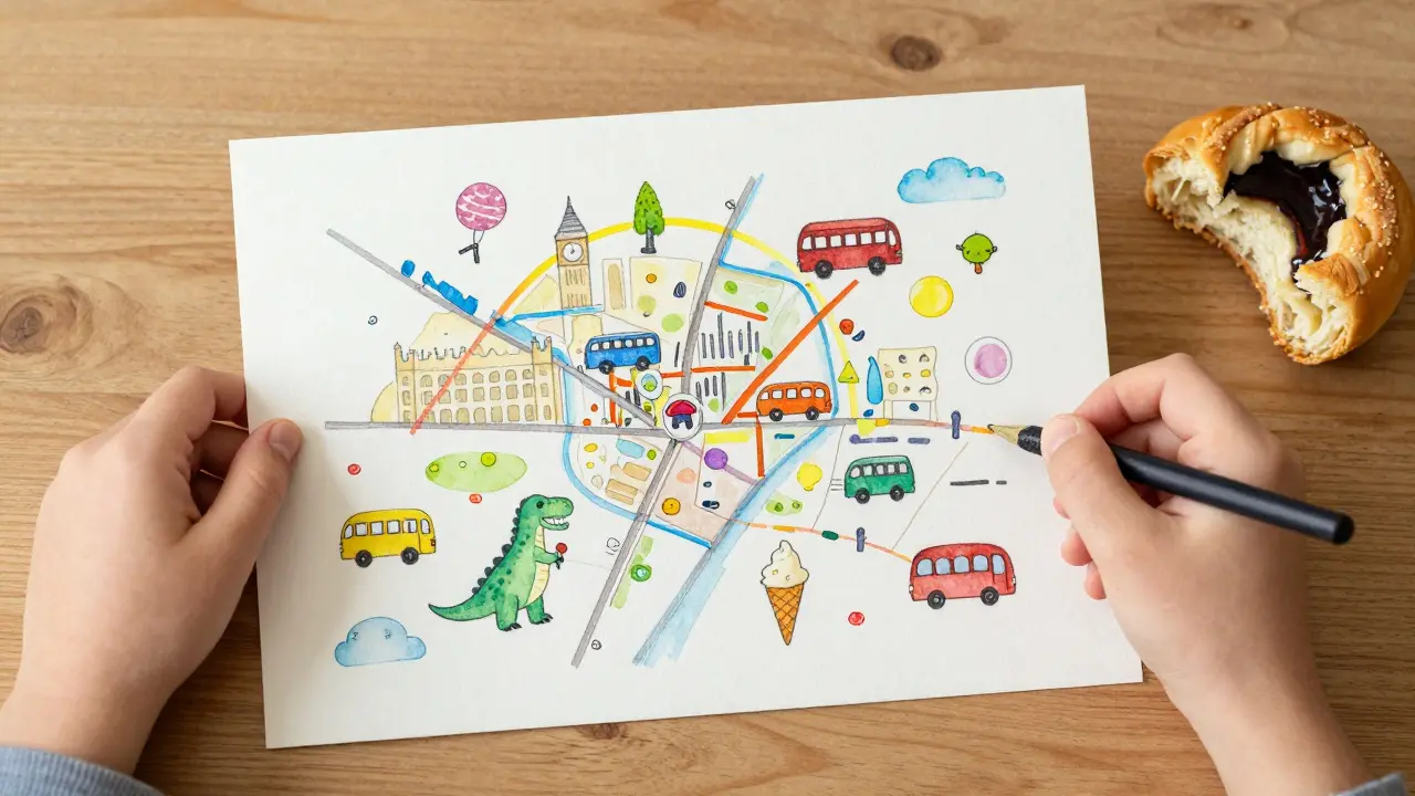 A child's hand-drawn map of London features doodles of dinosaurs, buses, and ice cream.