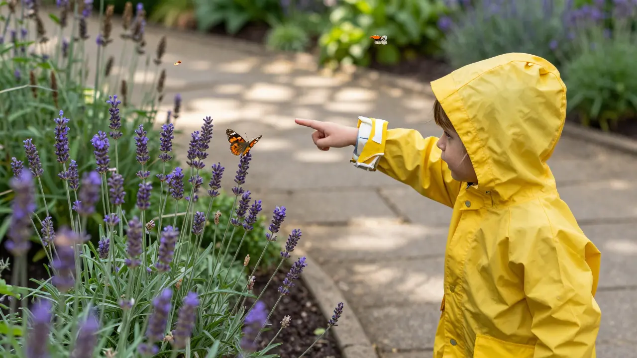 A child pointing at a butterfly in a sensory garden filled with lavender and herbs.