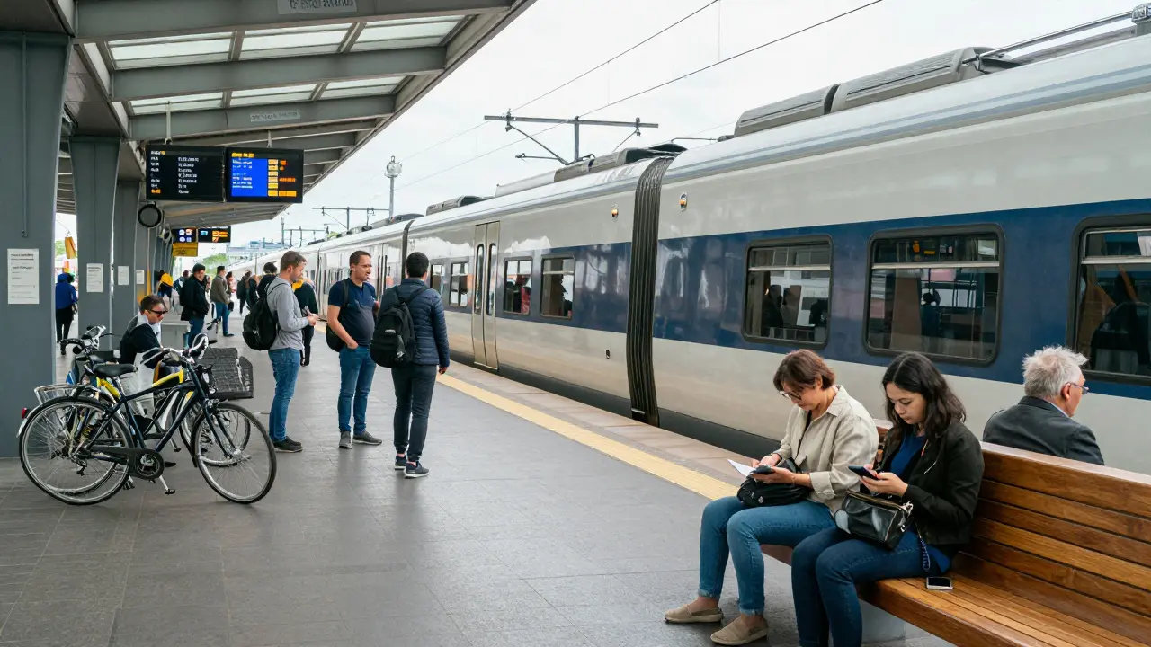A clean commuter train arrives at a well-lit station with passengers boarding calmly and bicycles parked nearby.
