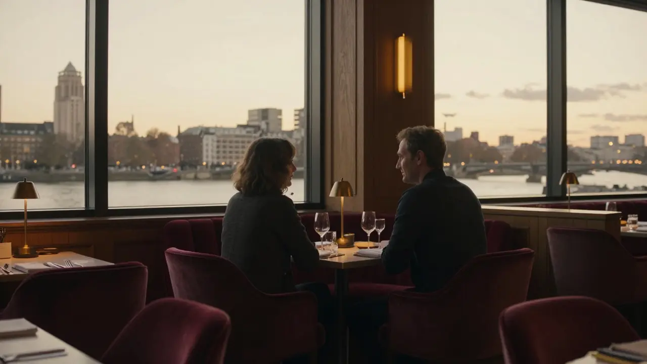 A couple dining in quiet elegance at sunset by Thames-view windows.