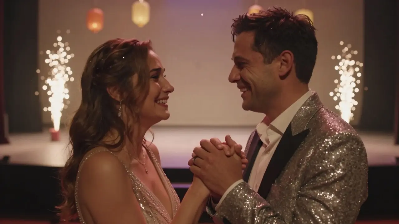 A couple holding hands, smiling tearfully after the show, wearing glittery outfits inspired by the performance.