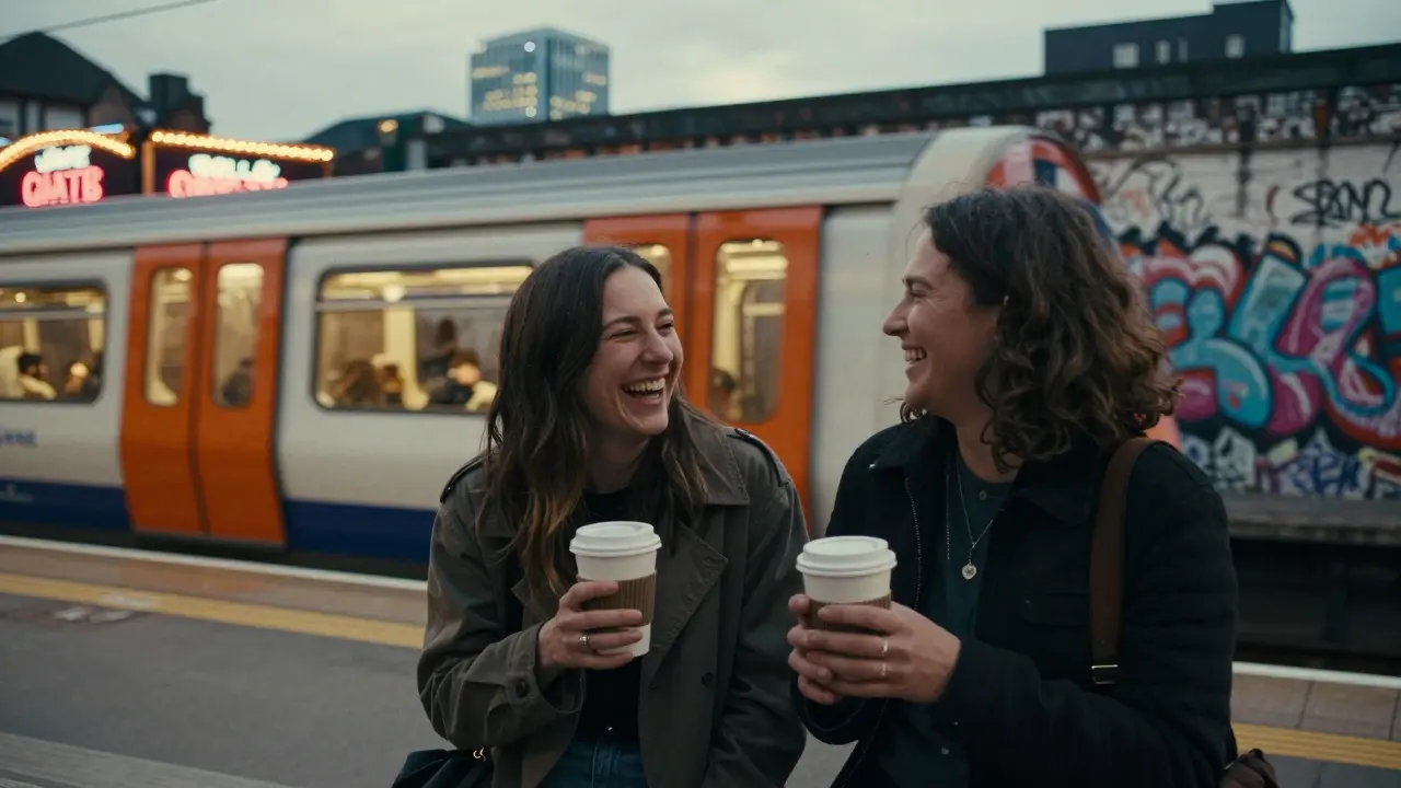 A couple laughing on a platform at dusk, coffee cups in hand, as an orange Overground train arrives behind them.