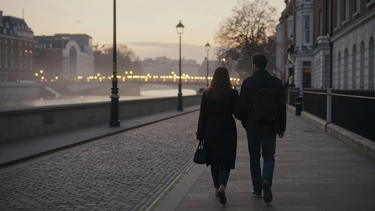 A couple walking slowly down a London street toward distant concert lights.