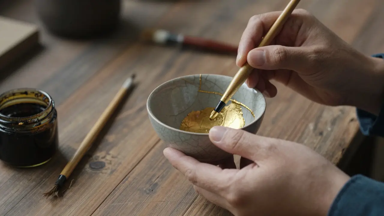 A curator's hands repairing a ceramic bowl with gold lacquer using traditional kintsugi technique.