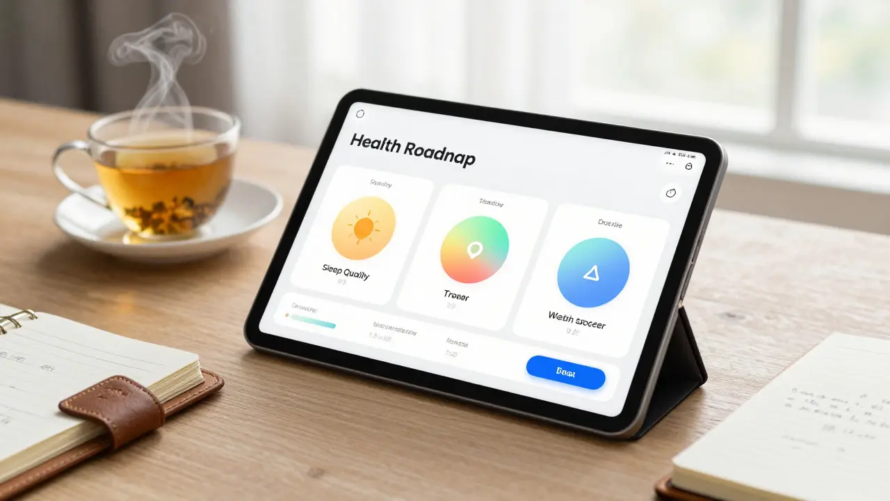 A digital wellness roadmap on a tablet with personalized health goals beside a cup of herbal tea.