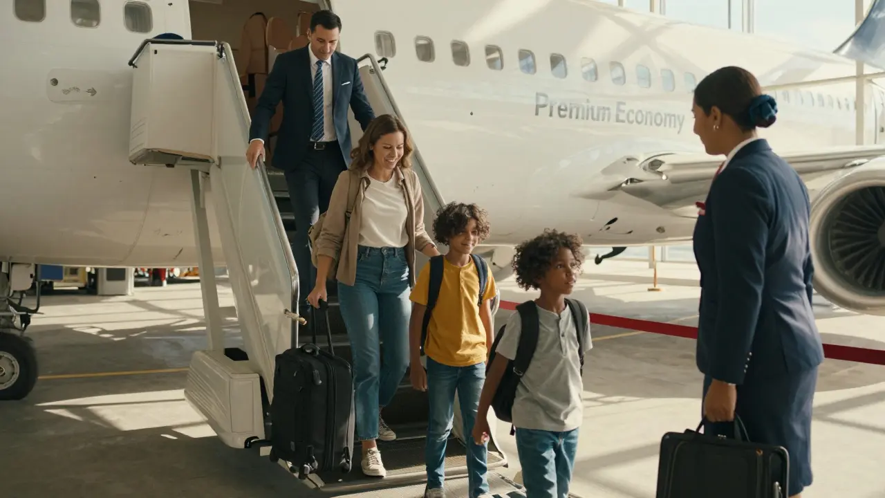 A family boarding early through a priority lane, smiling and relaxed, with crew members greeting them warmly.