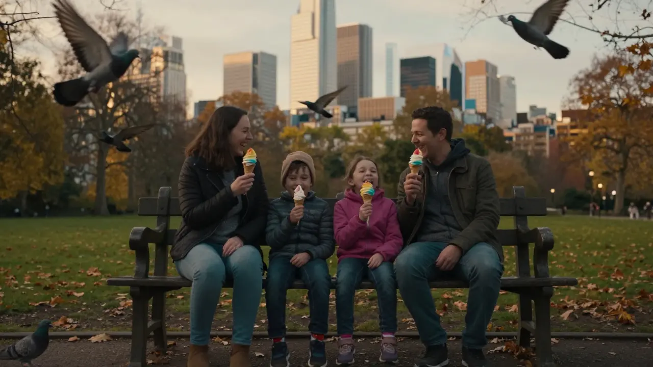 A family laughs while eating ice cream in Hyde Park with London's skyline in the background.