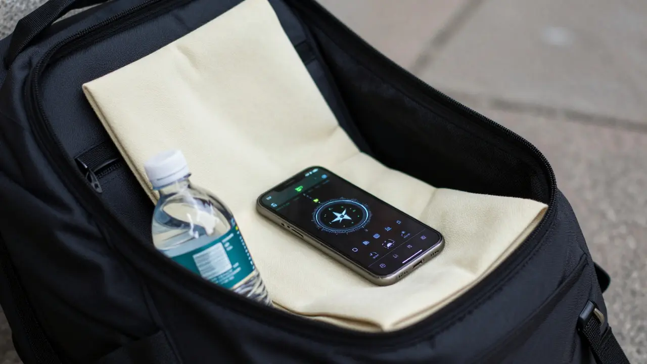 A foldable prayer mat and water bottle inside a commuter backpack with a smartphone showing a Qibla app.