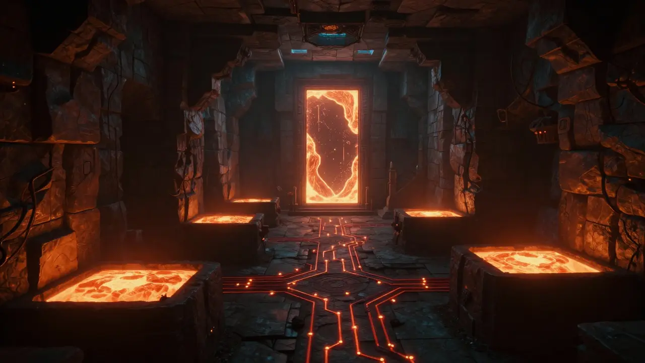 A glowing redstone circuit and stone walls in a mysterious underground chamber with floating lava lights.