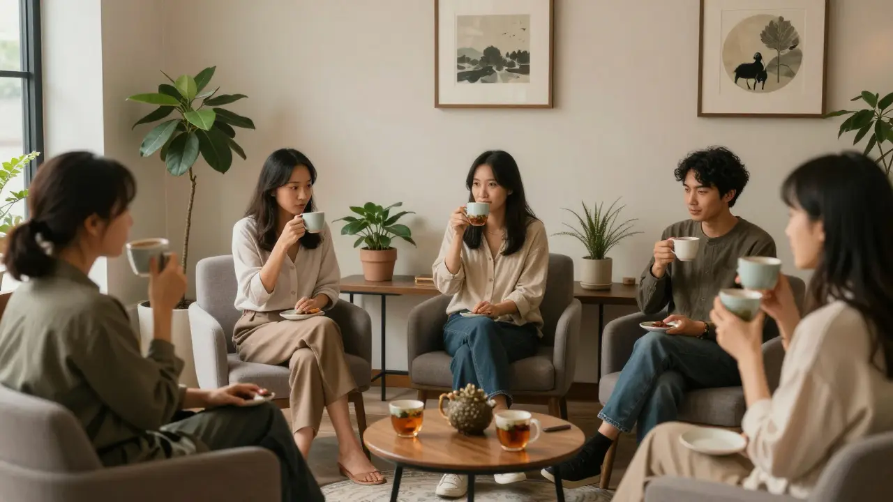 A group of professionals relaxing in a quiet lounge, enjoying herbal tea in a serene, spa-like environment.