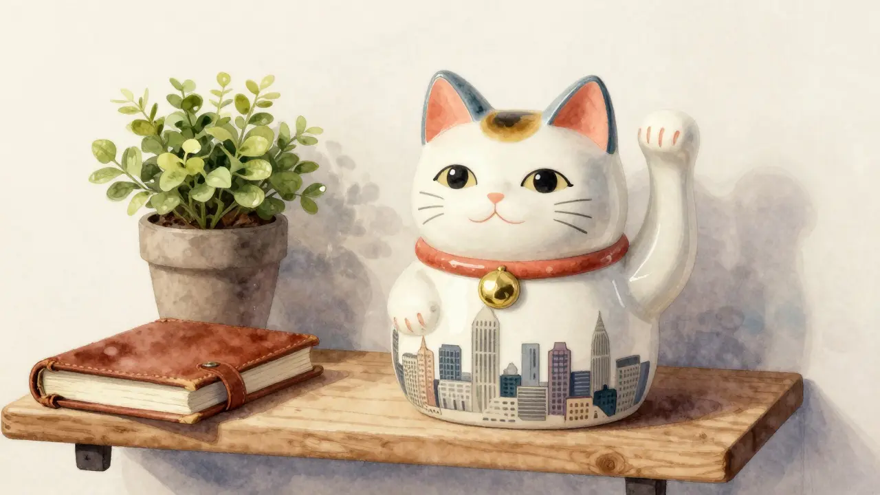 A hand-painted ceramic lucky cat with a tiny London skyline on its base beside a journal and plant.