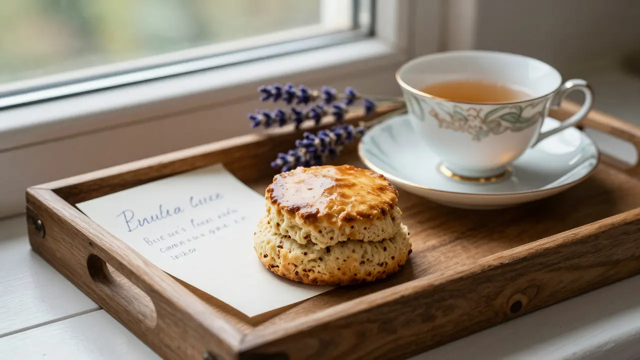 A handwritten note and scone on a wooden tray beside a teacup in natural light.