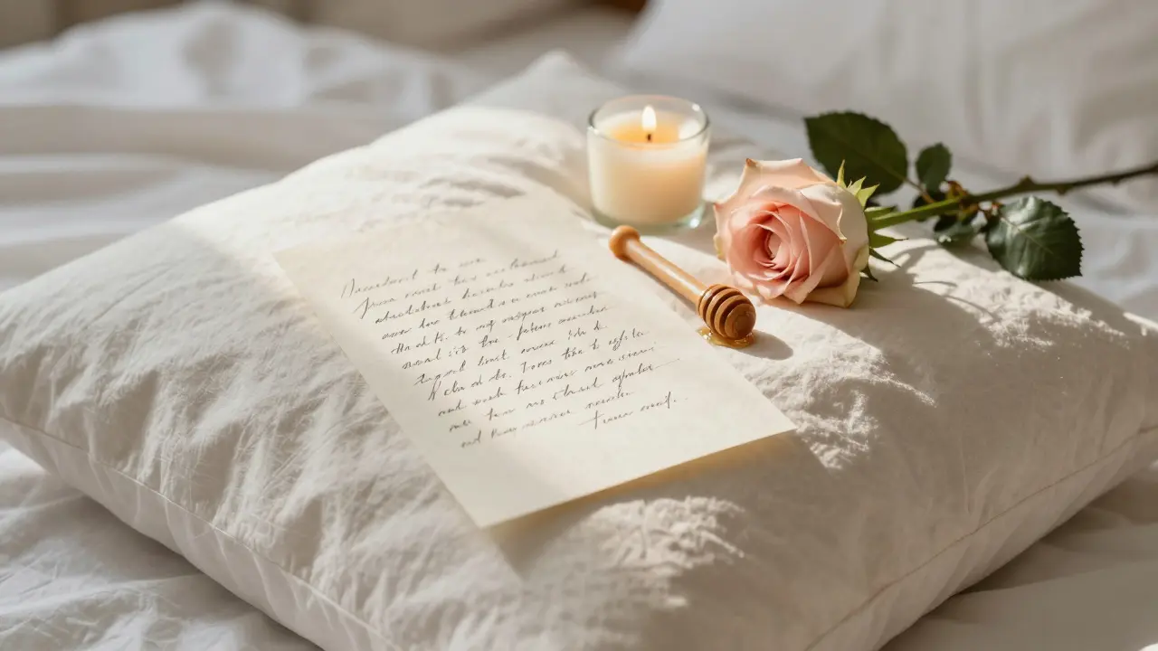 A handwritten note and small gifts placed thoughtfully on a bed pillow with soft morning light.