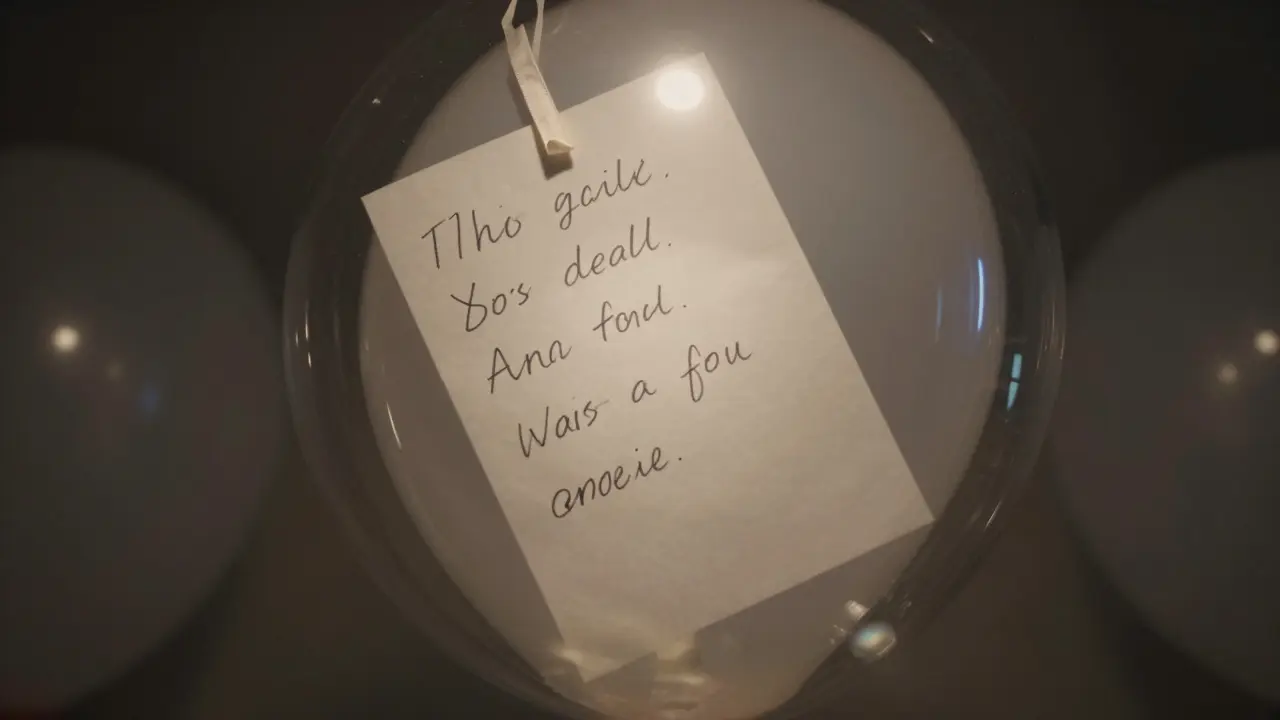 A handwritten note tied to a balloon in a softly lit chamber.