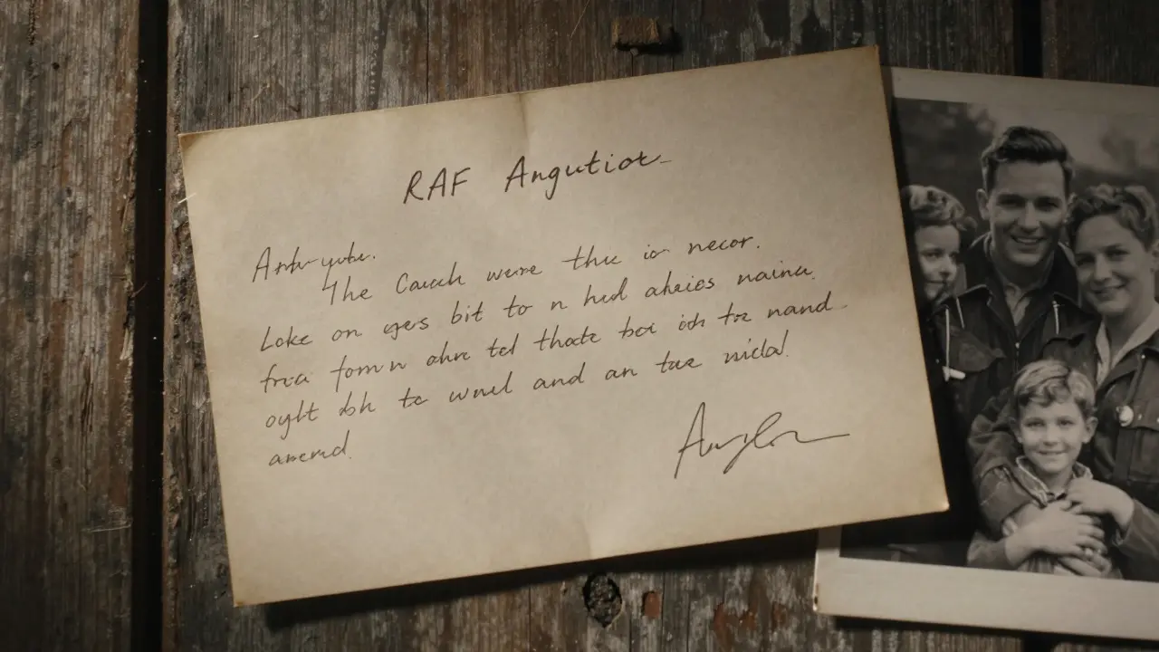 A handwritten WWII pilot's letter beside a family photo on a wooden wall.