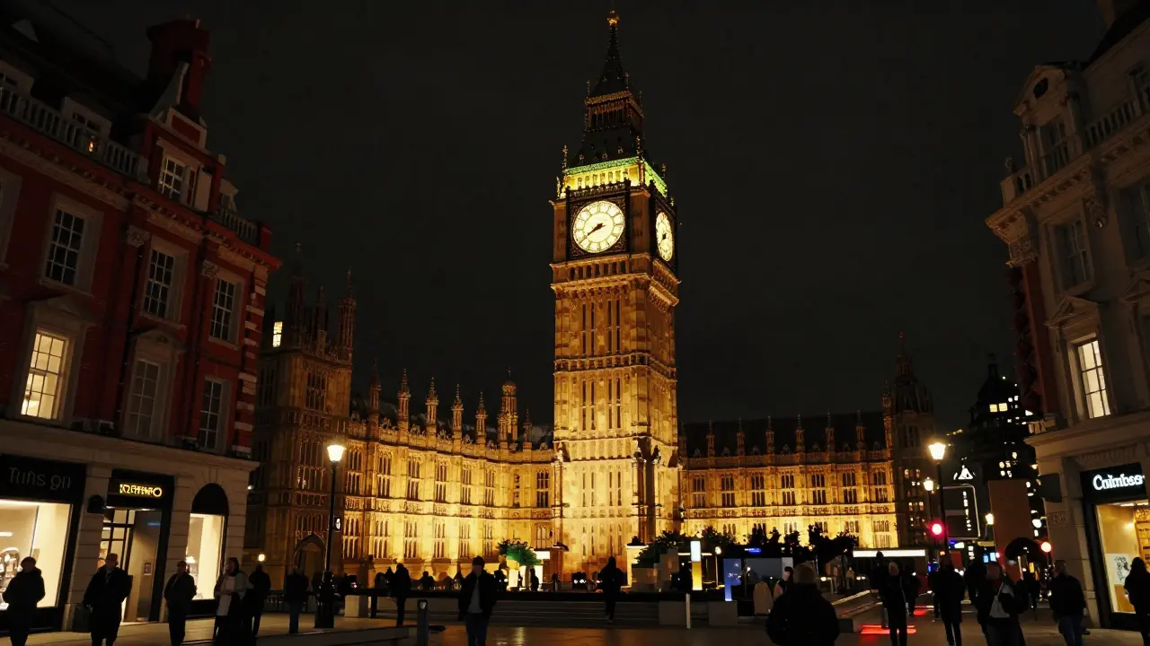 A large Lego sculpture of Big Ben glowing at night in Covent Garden, surrounded by visitors.