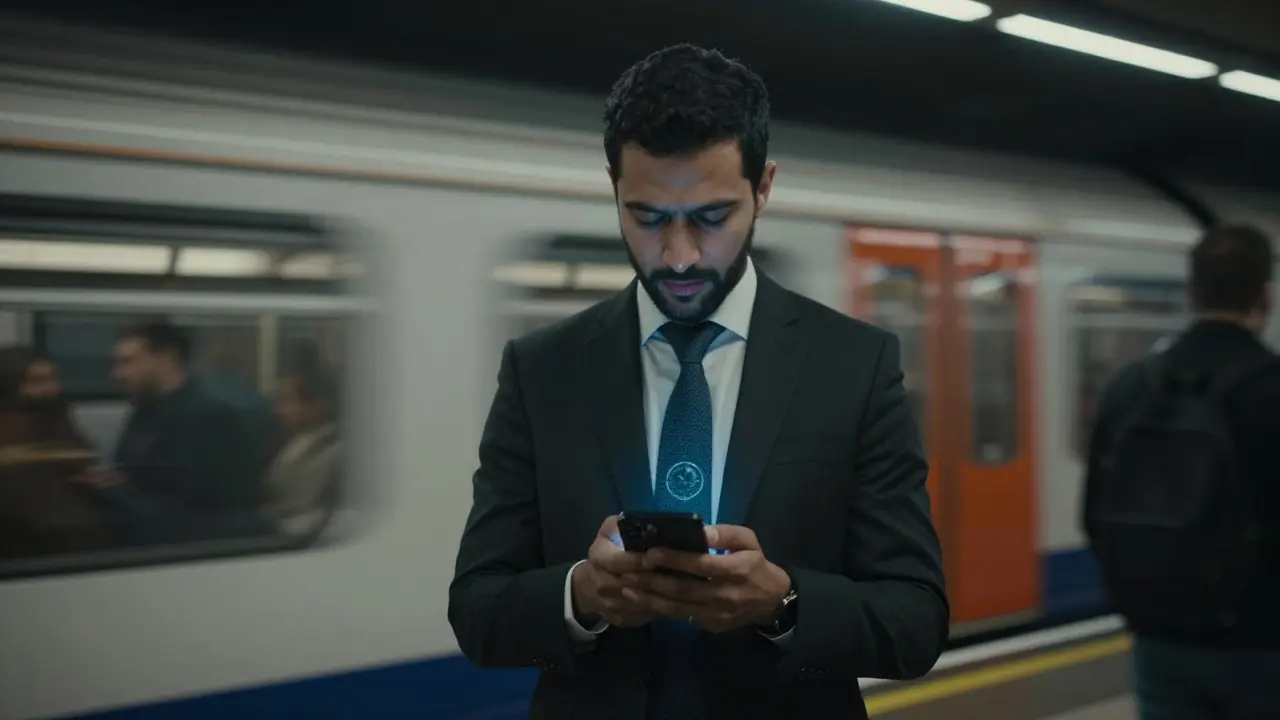 A man using his phone's compass to find the direction of Mecca on a busy London Underground platform.