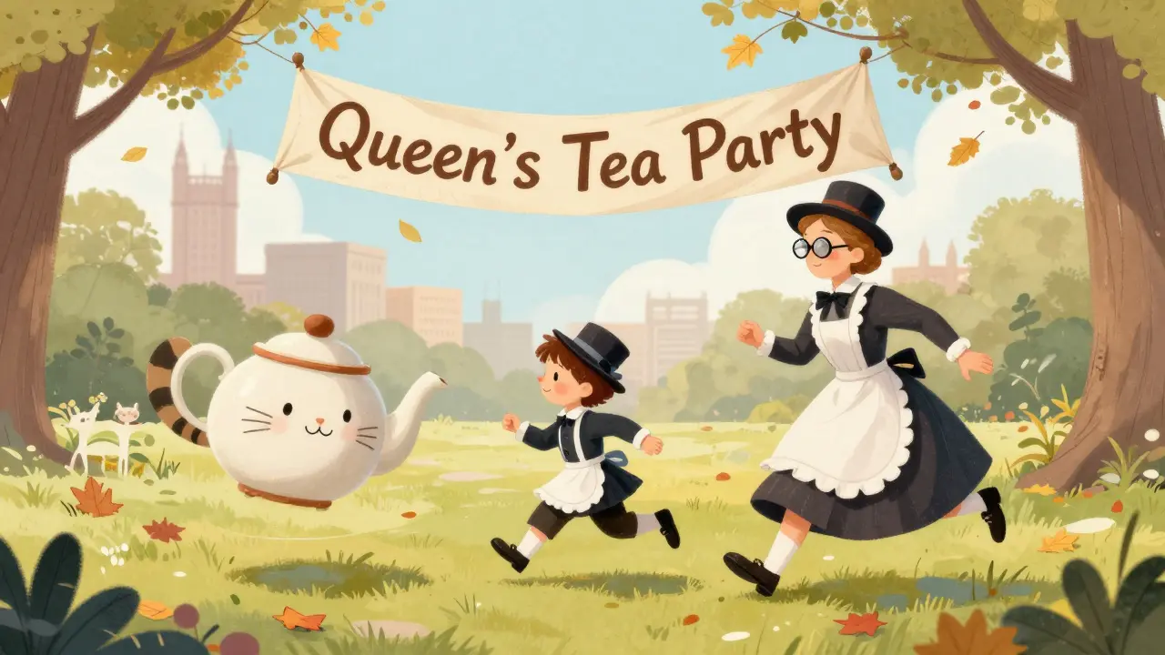 A parent and child chase a floating teapot cat through Hyde Park with a handmade tea party banner.