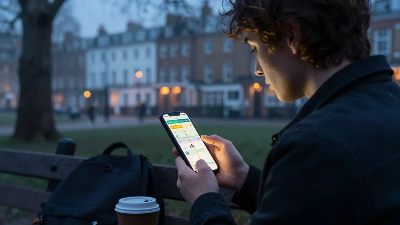 A person using Citymapper on their phone with alternative commute routes displayed, seated on a park bench at dawn.