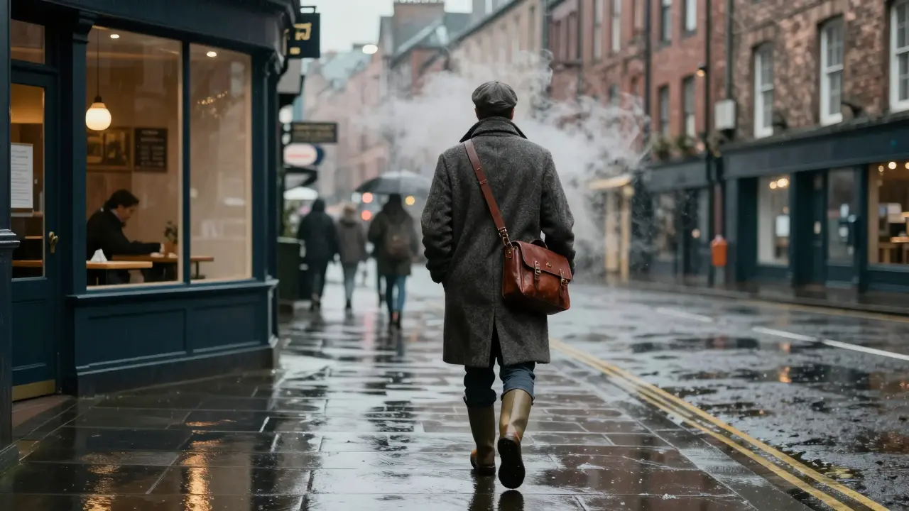 A person walking through rainy Glasgow in a wool coat and boots, surrounded by brick buildings and steam.