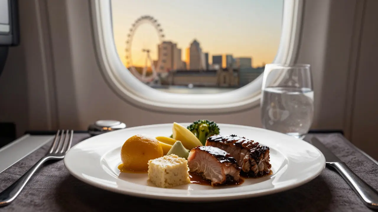 A plated meal with real cutlery on a flight to London, with the city skyline visible through the window at dusk.
