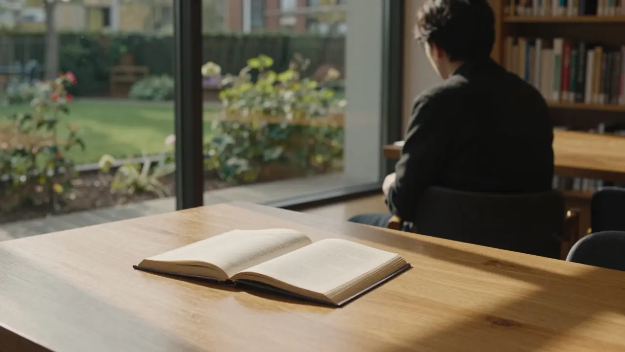 A quiet library corner at Japan House London with a single open book and sunlight streaming through glass.