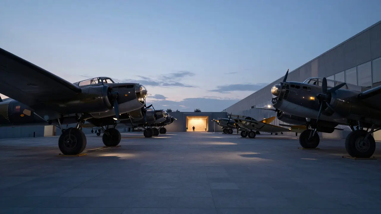 A quiet museum hallway with aircraft under glass and soft remembrance lighting.