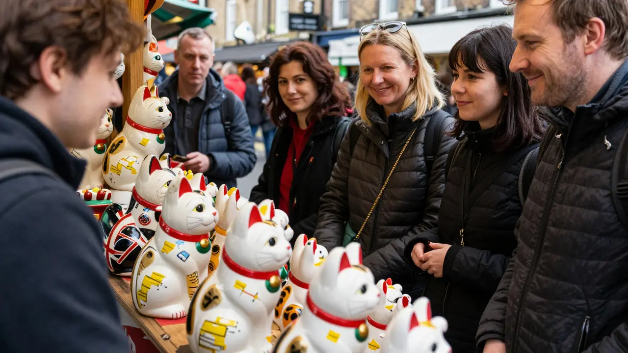 A row of colorful lucky cats on display at Camden Market, with people smiling nearby.