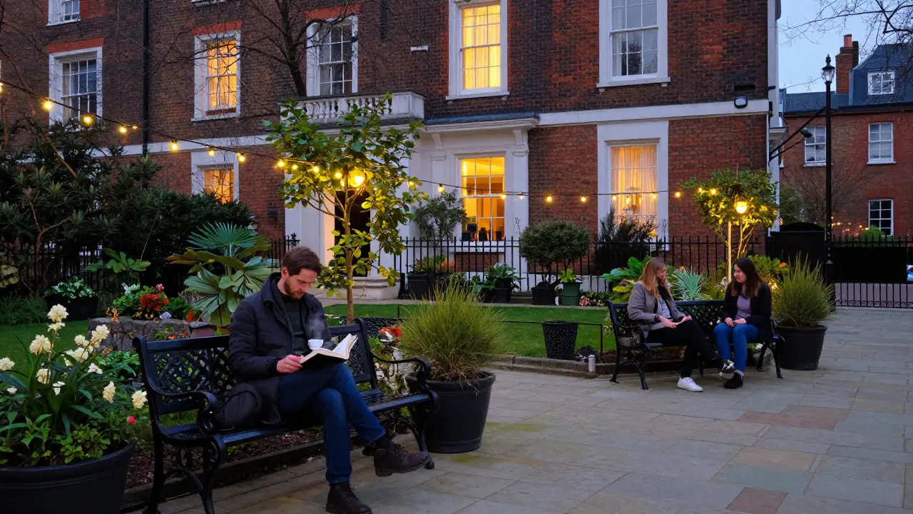 A serene garden courtyard with benches, plants, and soft evening lights, where guests relax peacefully.