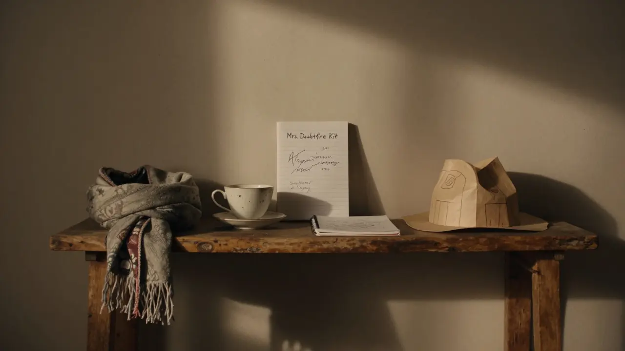 A shelf holds a simple Mrs. Doubtfire kit: scarf, teacup, notebook, and handmade hat in soft lamplight.