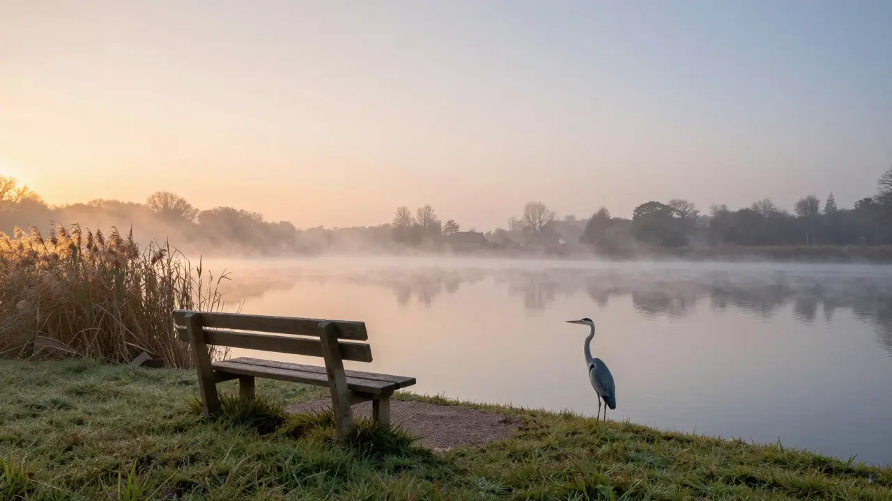 A solitary bench overlooking a misty lake at sunrise with a heron standing nearby.