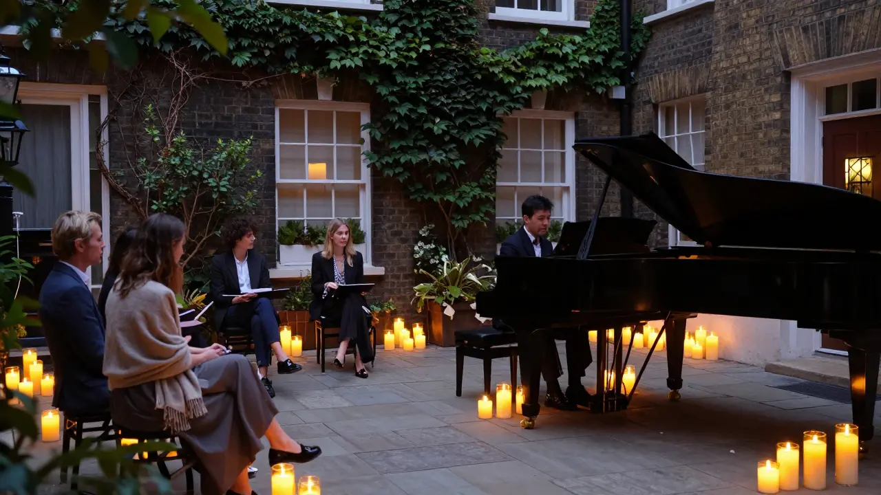 A solo pianist performs in a candlelit London courtyard as guests in elegant casual clothes listen in serene stillness.