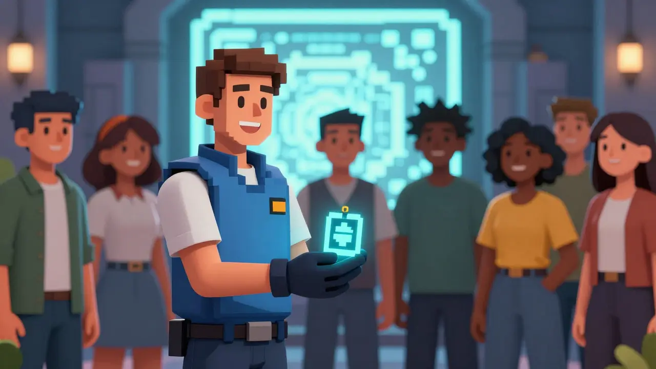 A staff member handing a digital badge to a team in front of a glowing End Portal.