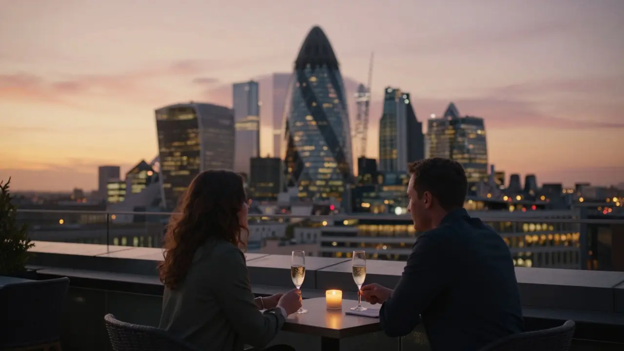 A sunset view from a rooftop bar overlooking London's skyline.