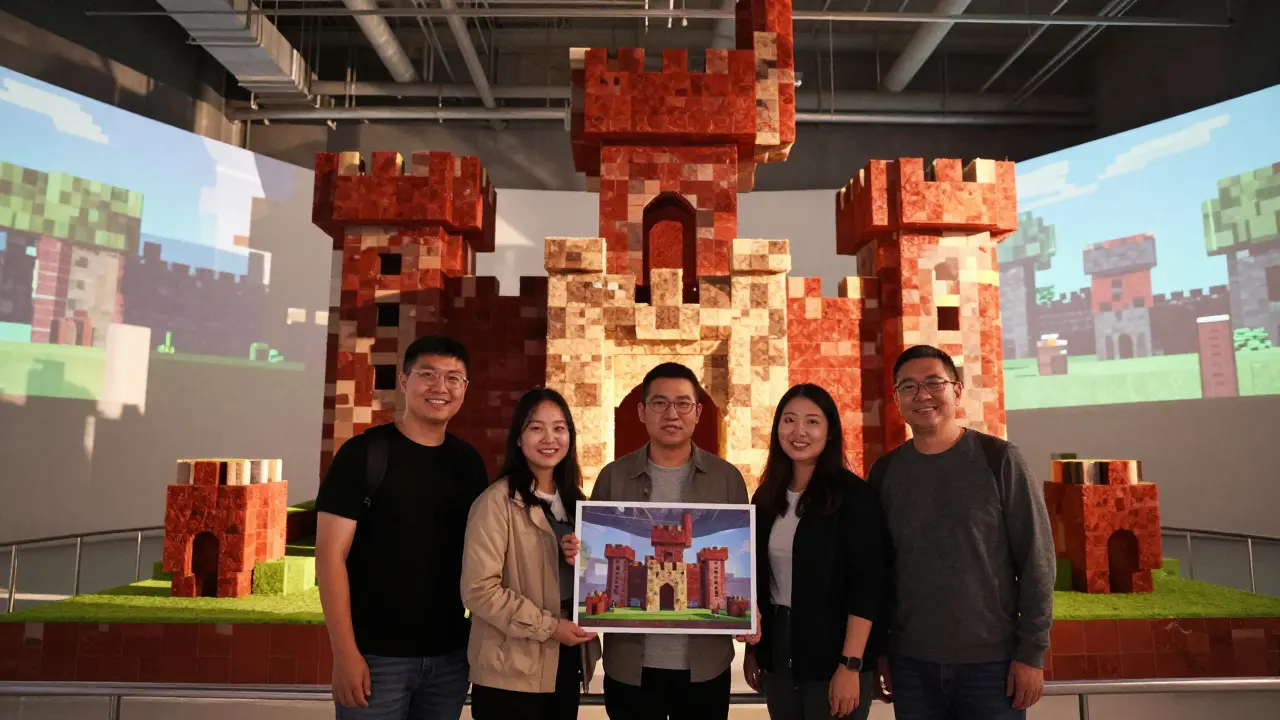 A team posing with a printed photo of their collaborative Minecraft castle creation.