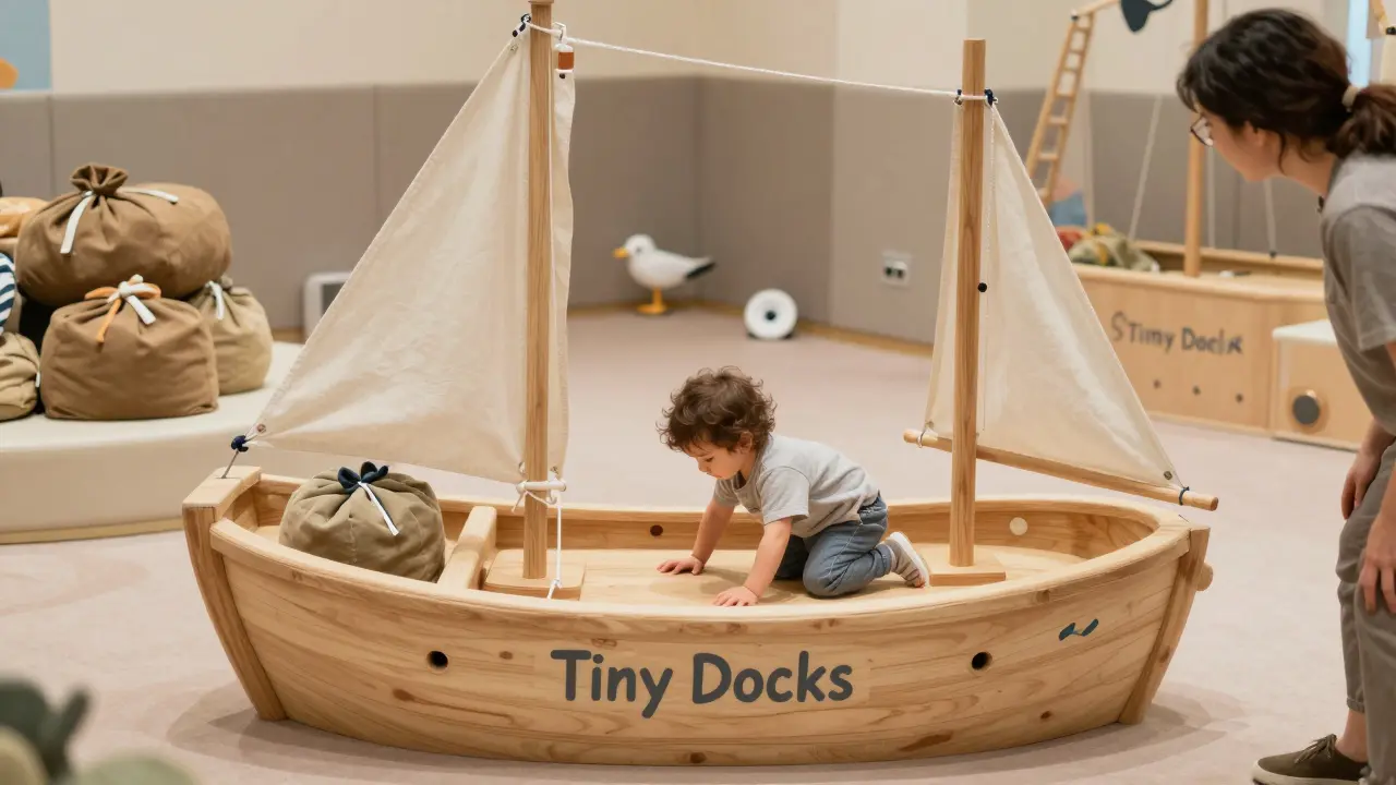 A toddler exploring a soft-play wooden ship in the museum's toddler-friendly zone.