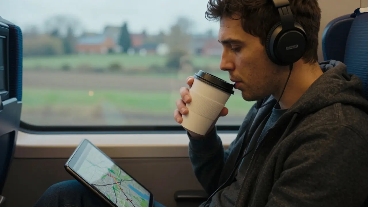 A traveler on a train using a tablet and drinking coffee while looking out the window at passing scenery.