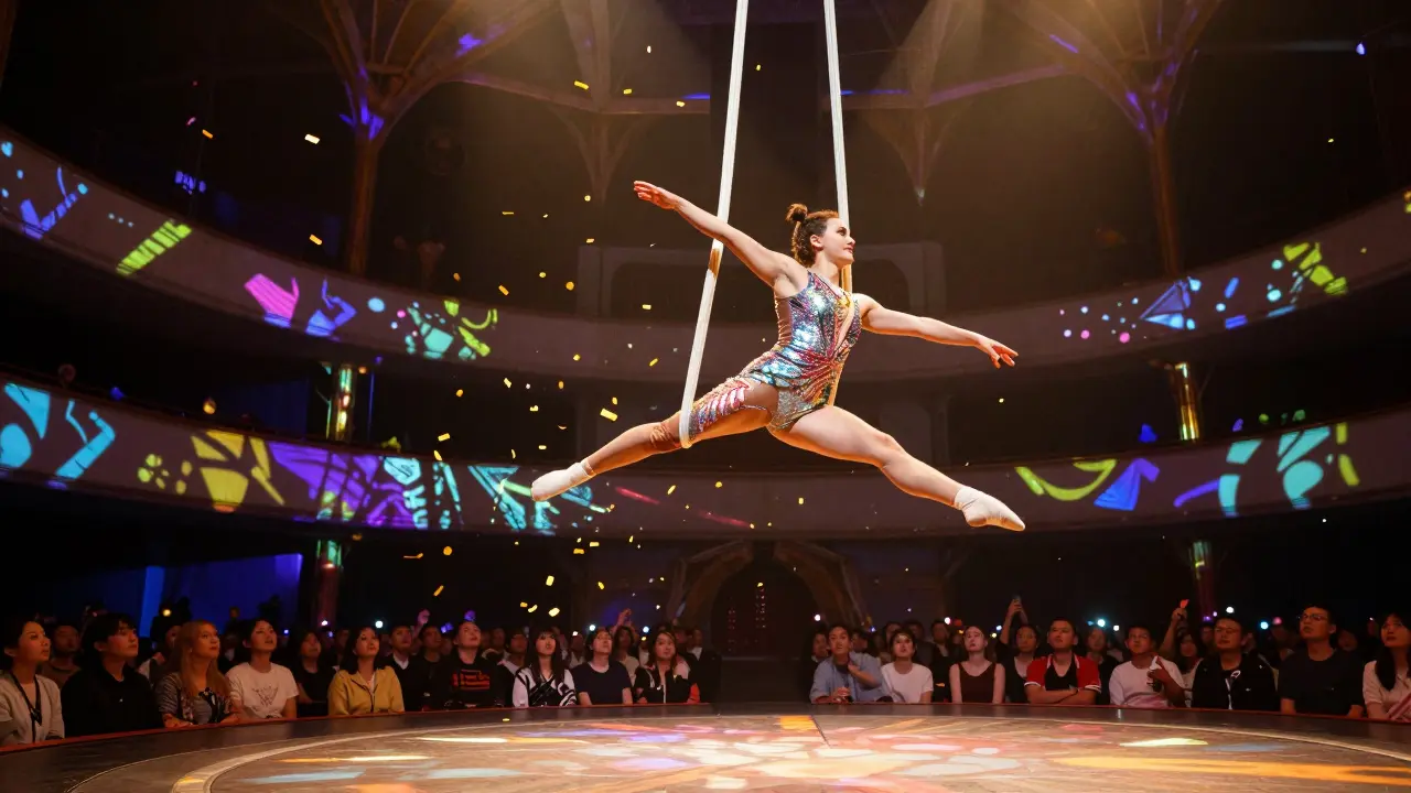 Aerial performer soaring above the rotating stage with sequined costume and confetti falling around them.