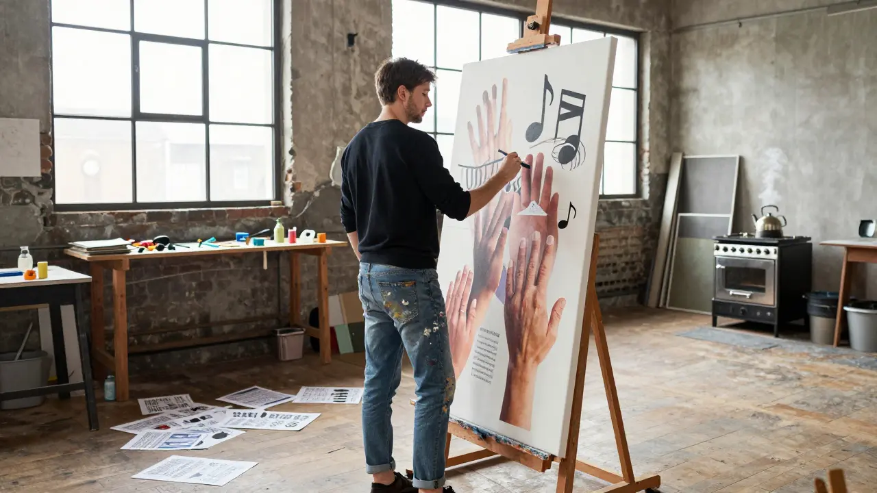 An artist painting in a cluttered warehouse studio, natural light streaming through high windows.