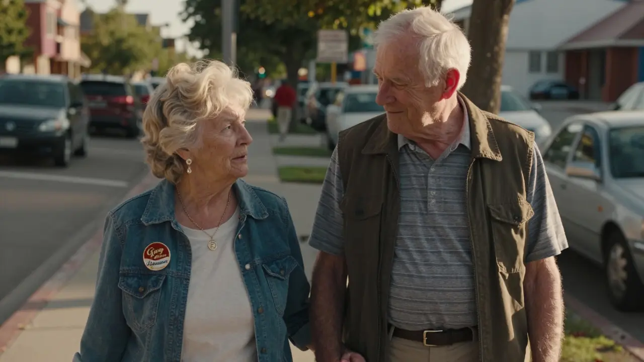 An elderly couple hold hands, one wearing a vintage gay liberation pin.