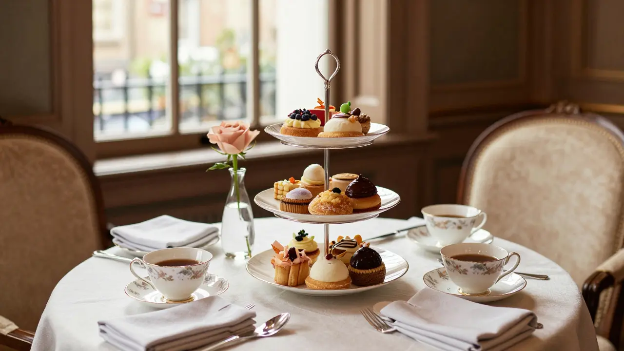 An elegant afternoon tea service with delicate pastries and porcelain teacups.