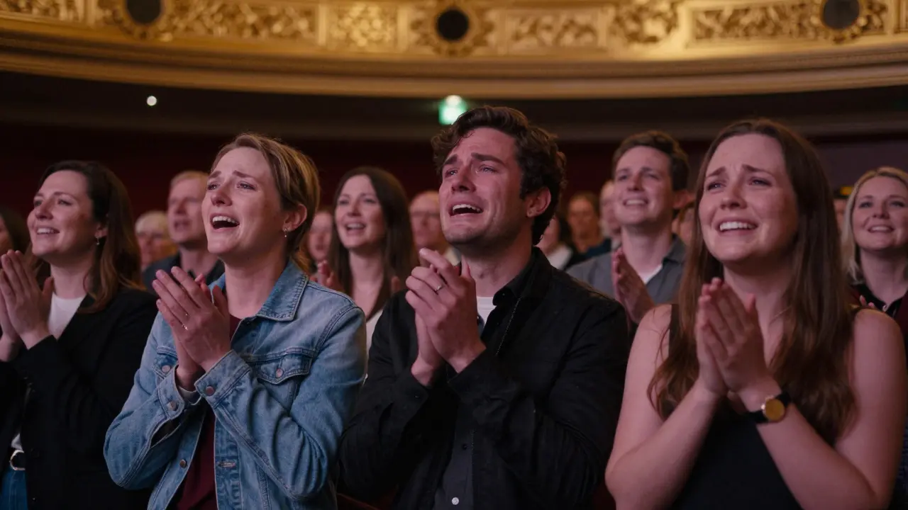 Audience members standing and singing together, tears in their eyes, bathed in warm stage light.