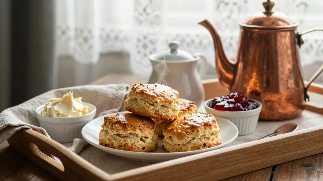 Breakfast spread of scones, jam, and tea in a cozy hotel setting.