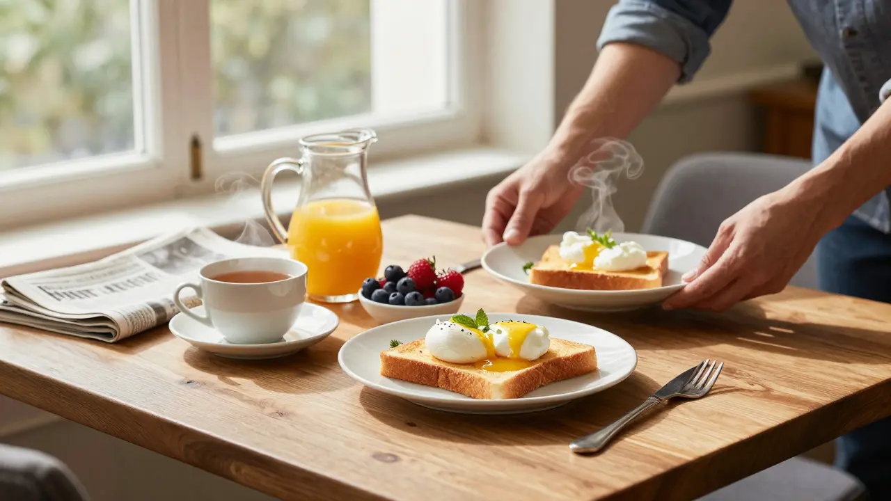 Breakfast table with toast, eggs, fruit, and tea in natural light, no people visible.