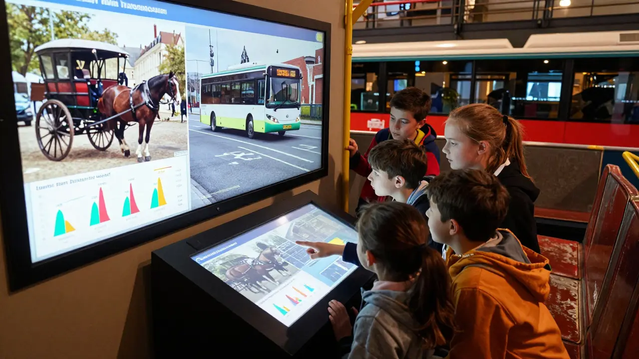 Children interacting with a touchscreen exhibit comparing historical and modern public transport emissions.
