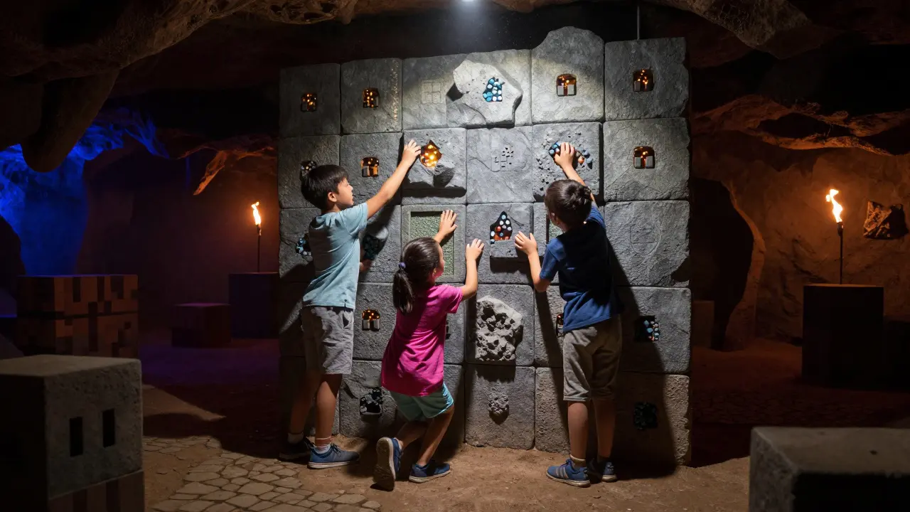 Children solve puzzles together in pixelated cave environment