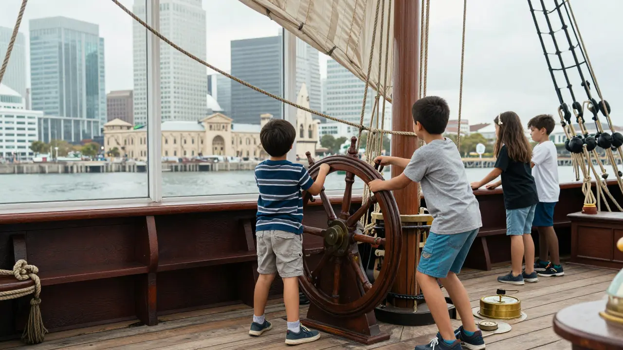Children steering a replica 19th-century ship's tiller with historic dock backdrop.