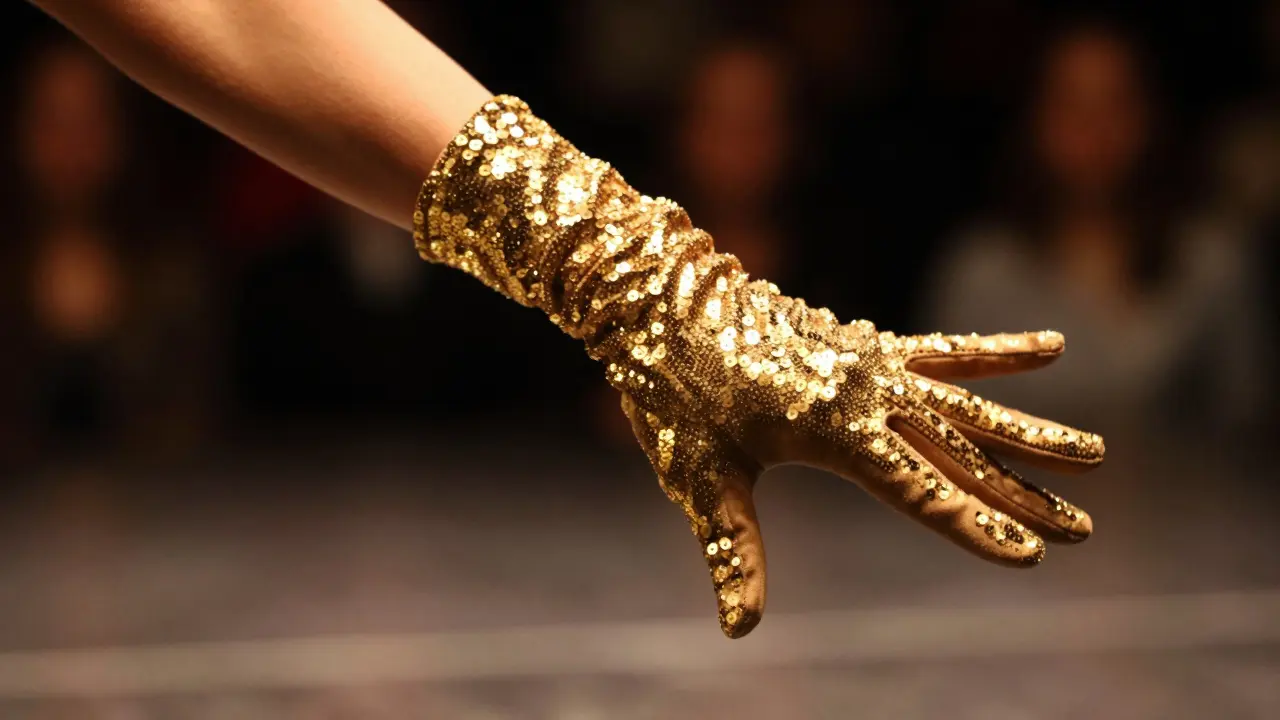 Close-up of a dancer's gloved hand executing a moonwalk under spotlight.