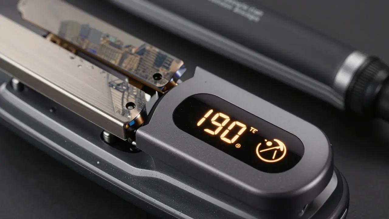 Close-up of a flat iron's digital display and ceramic plates showing a precise heat setting.